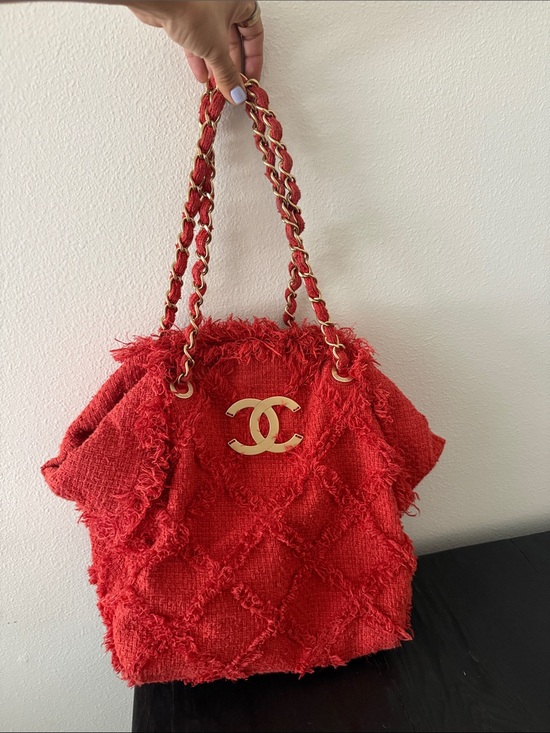 CHANEL Handbags - CHANEL Red Tweed Chain-Handle Tote with Gold CC Logo